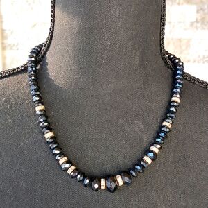 VTG 90s Necklace Black Glass Beads & Rhinestones Adjustable Length Dark Romance